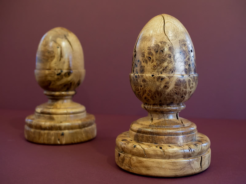 Two Welsh burr oak finials ideal for a staircase